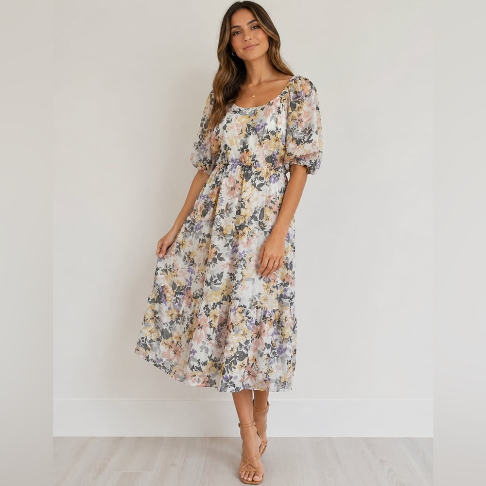 Luxology Puff Sleeve Romantic Cottagecore Floral Print Maxi Dress Size Small